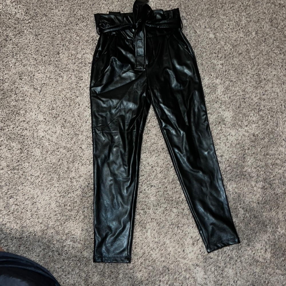 Pleather black pants with scrunched tie waist